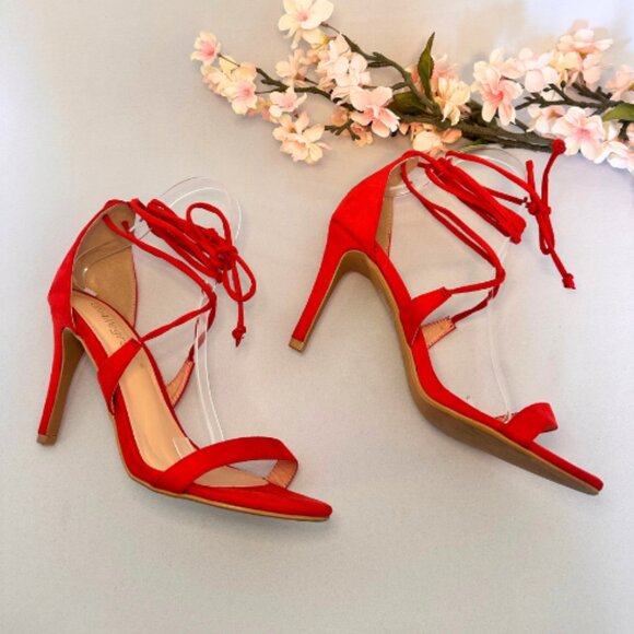 Red Lace-Up Strappy Sandals, Size 9 - Picture 6 of 10
